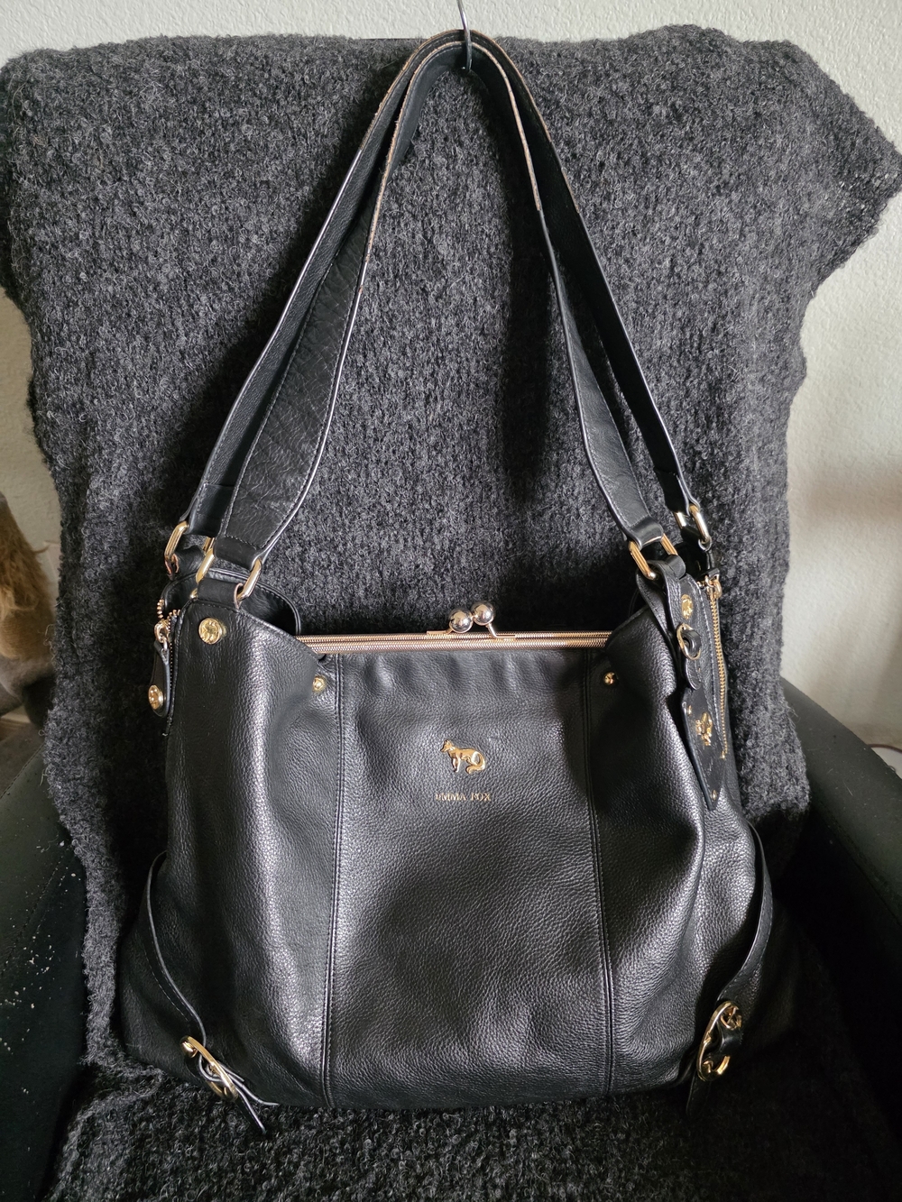 Emma Fox Black Leather Kiss Lock Shoulder Bag with Gold Accents